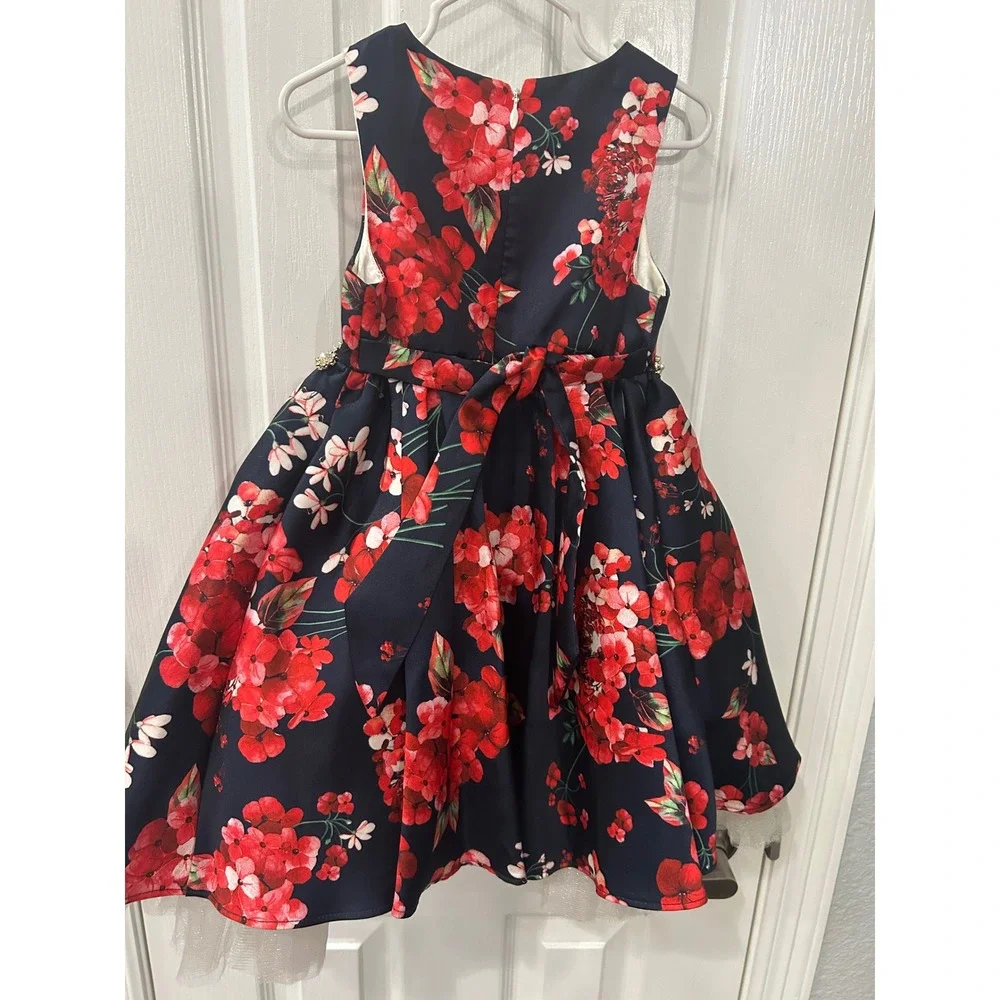 Couture Princess Party Dress Navy Red Floral Pearl Bow Tulle Hem‎ Girls Size 4
